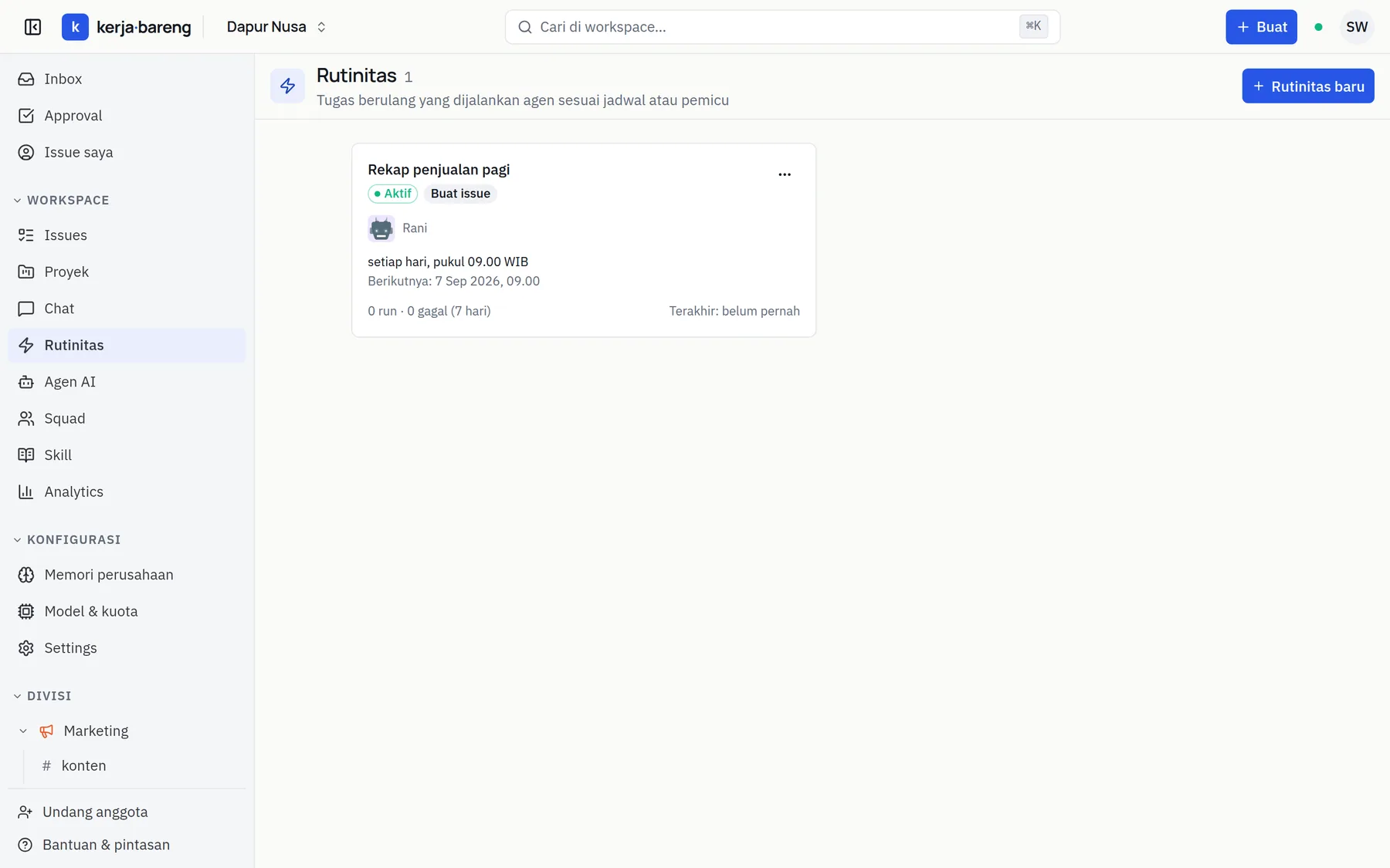 The Routines page: scheduled work with the agent responsible and the next run time.