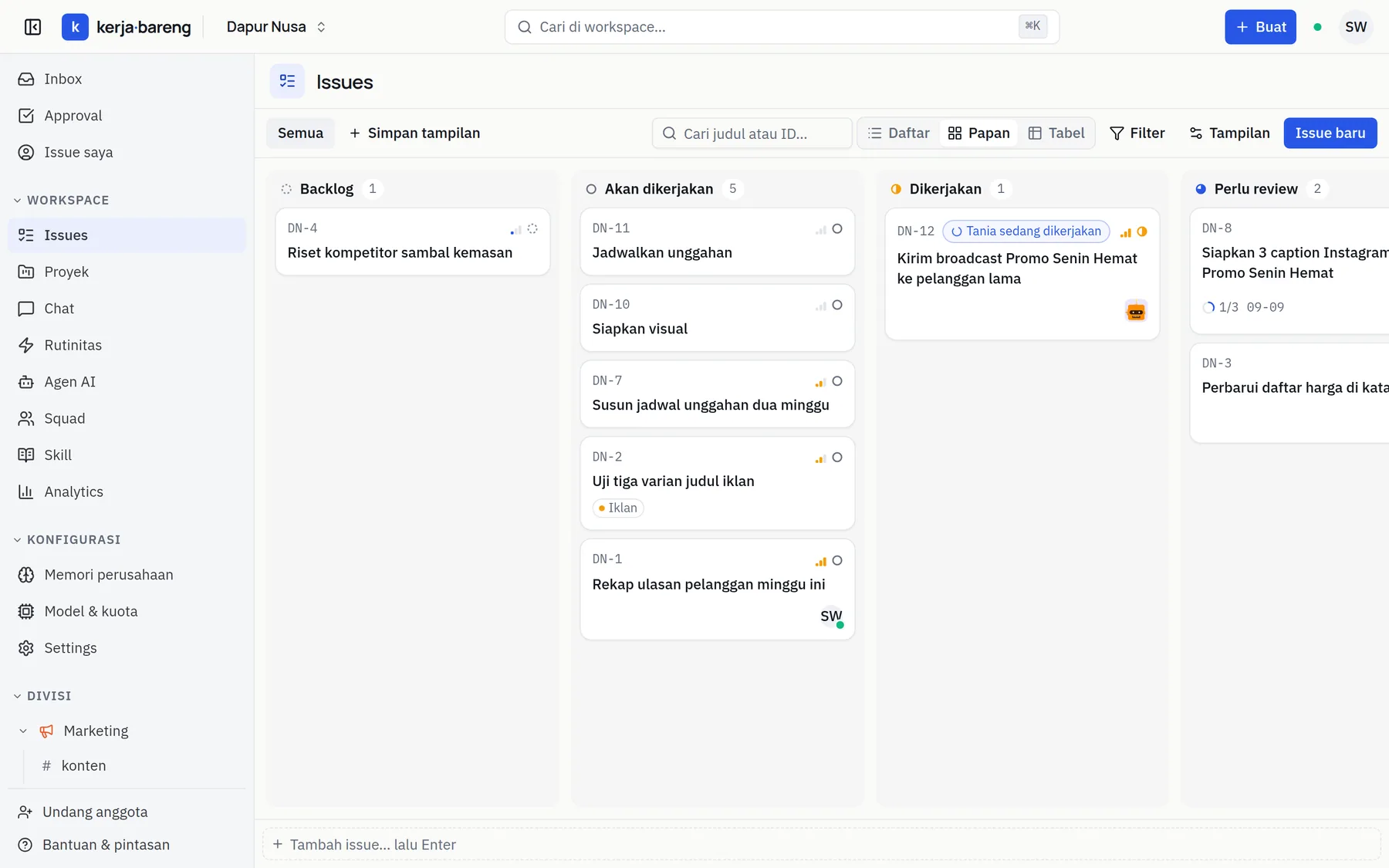 KerjaBareng kanban board: Backlog, To do, In progress and In review columns, with issue cards some of which are assigned to agents.