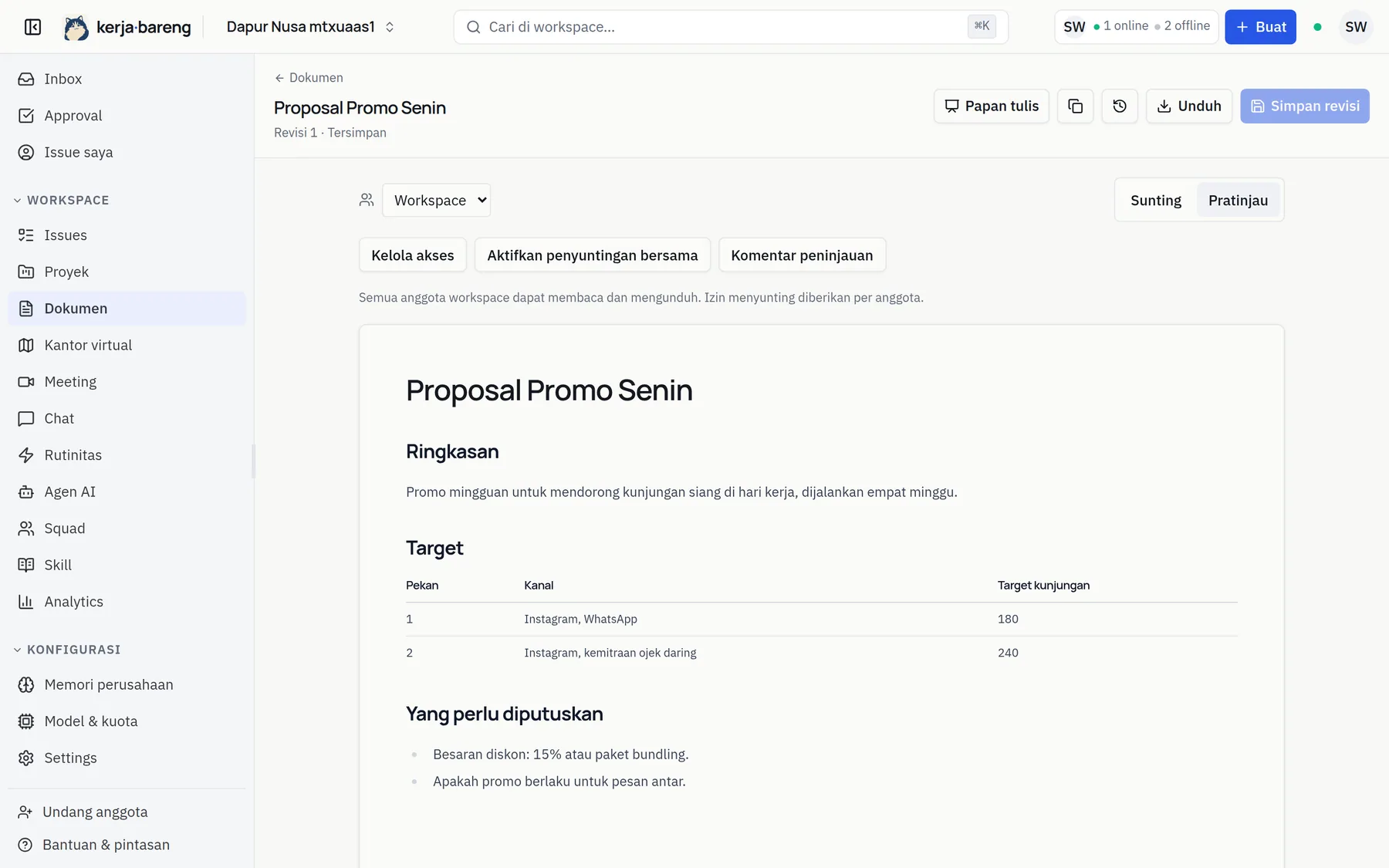A document in preview mode: a proposal with a summary, a per-week target table, and a list of open decisions; Manage access and Enable co-editing buttons above it.