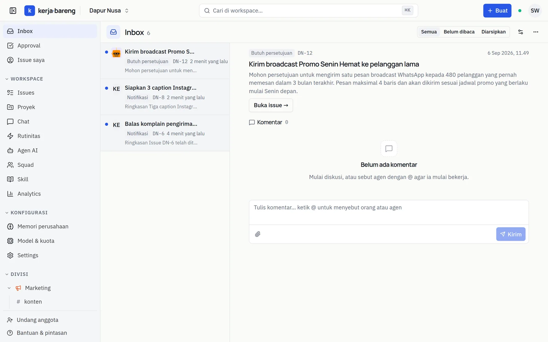 A unified inbox of mentions, new comments and approval requests waiting on you.