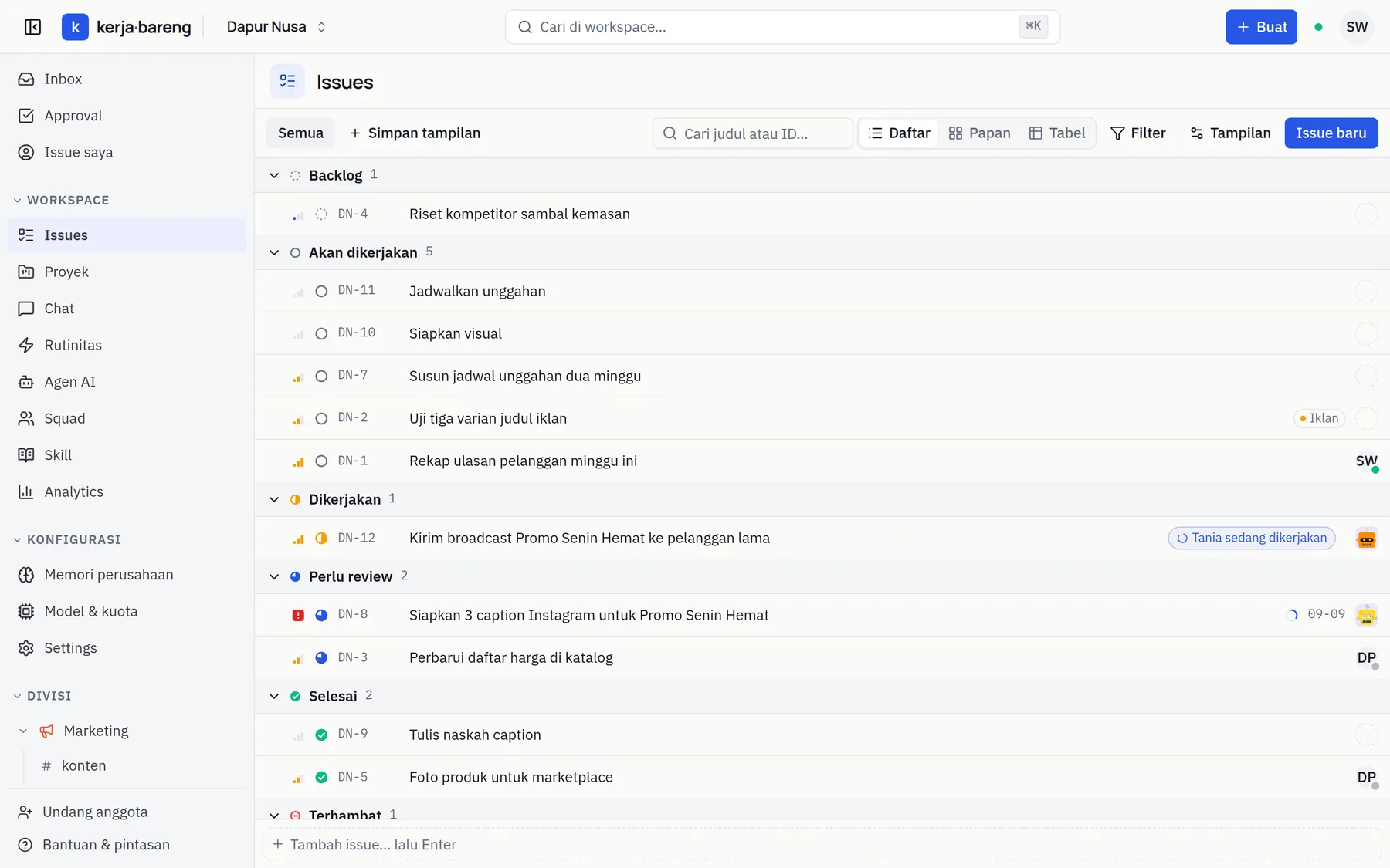 KerjaBareng issue list with status, priority, labels and an assignee avatar on every row.