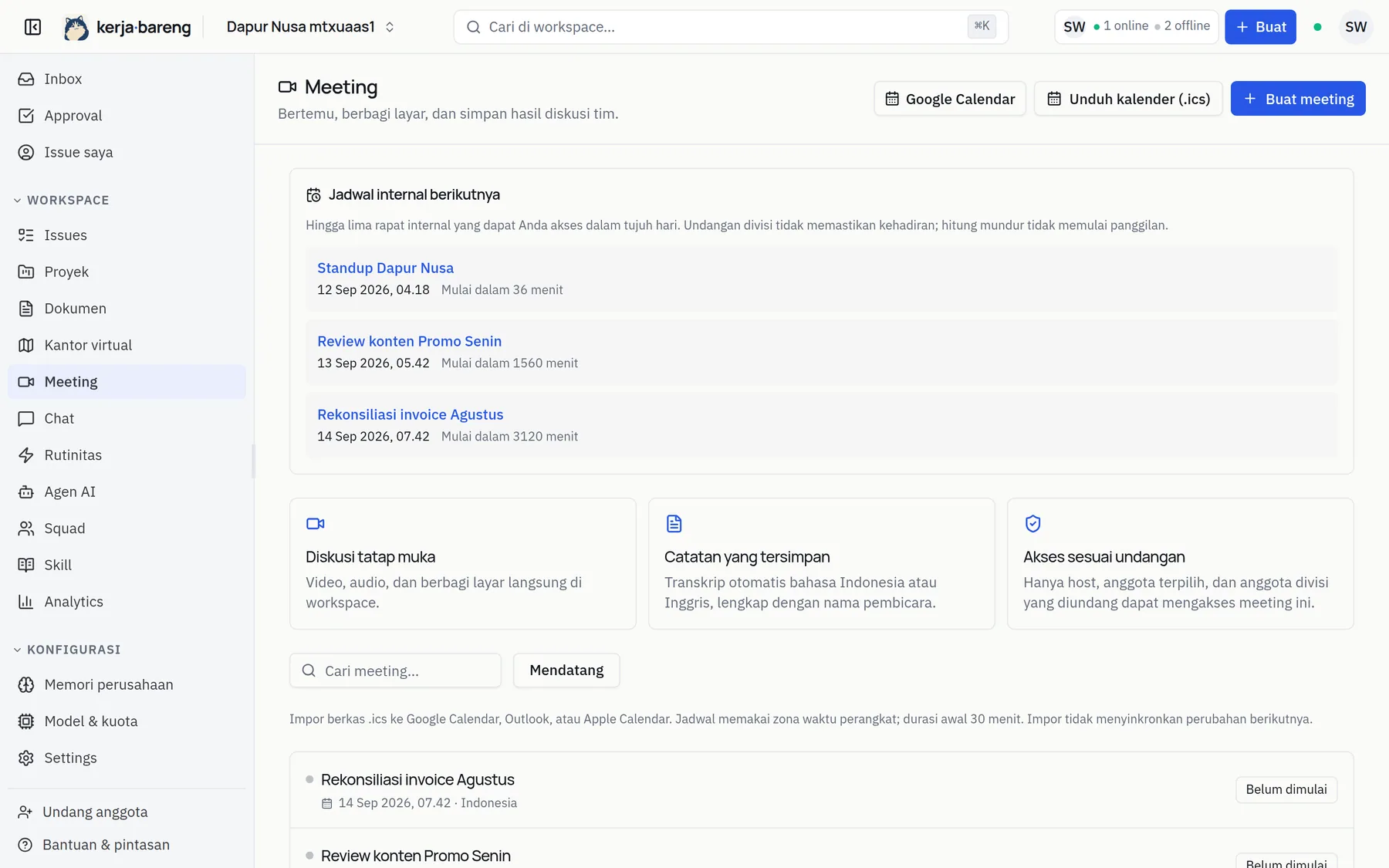 The Meeting page: a card of the next internal meetings with countdowns, followed by the list of meetings that have not started.