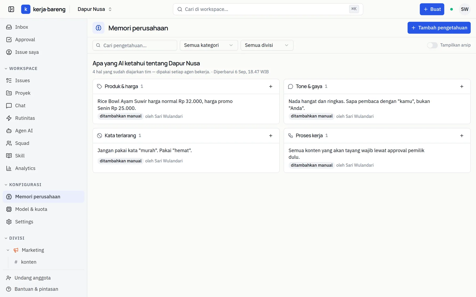 The Company memory page holding tone-of-voice rules, forbidden words, product prices and internal process notes.
