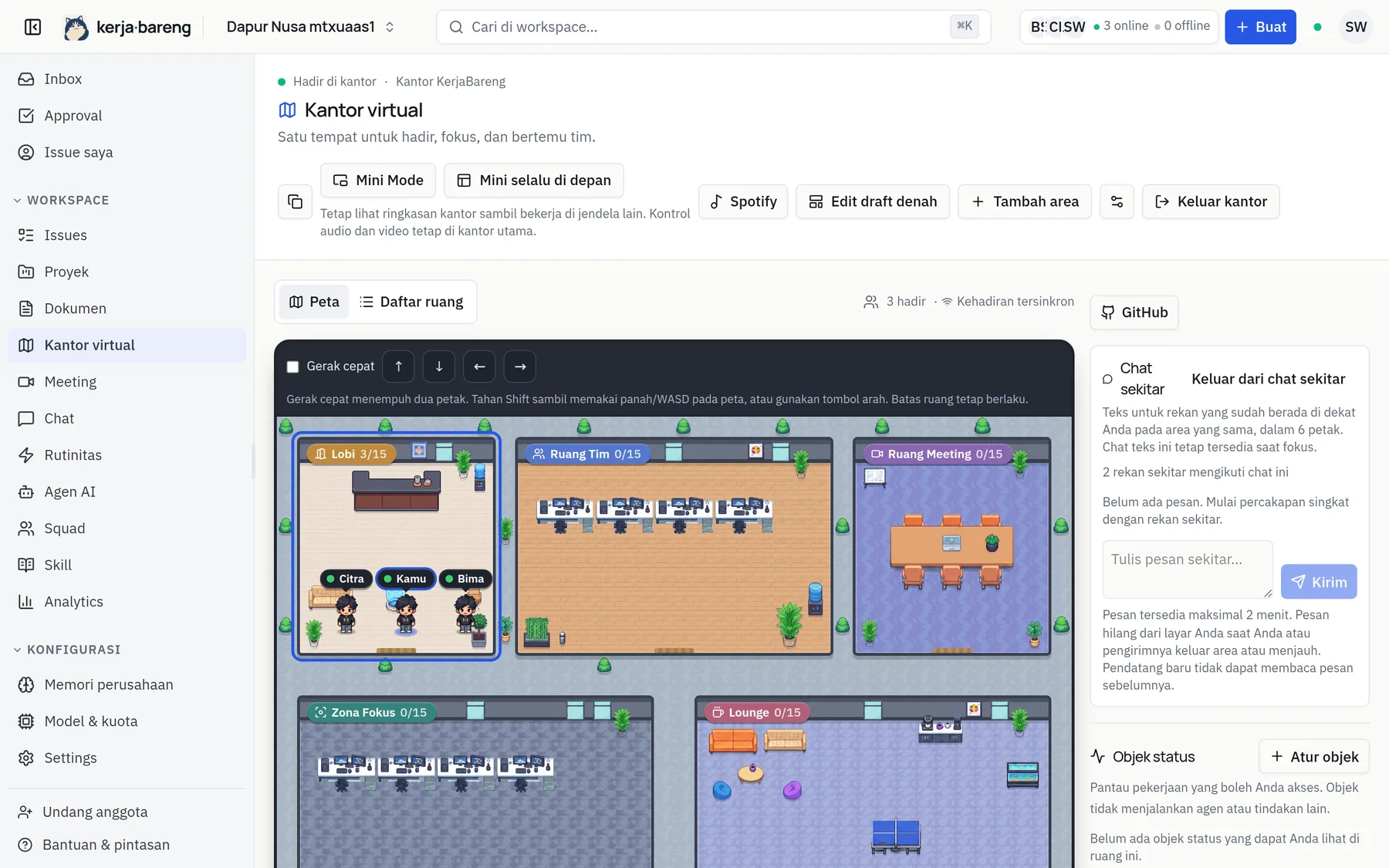 The pixel-art virtual office map: a lobby with three named colleagues, a team room lined with desks, a meeting room, a focus zone, and a lounge; the nearby-chat panel sits on the right.